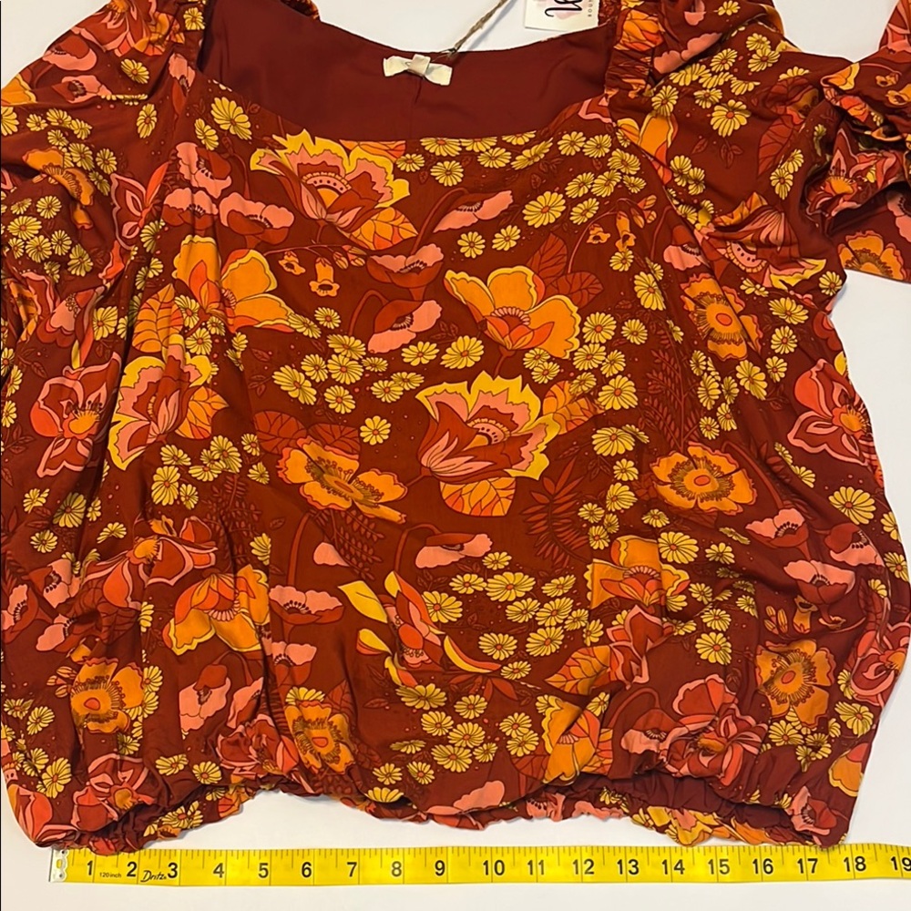 Easel Los Angeles Floral Long Sleeve Red and Orange Square Neck Longsleeve Sz 3X - Picture 9 of 10